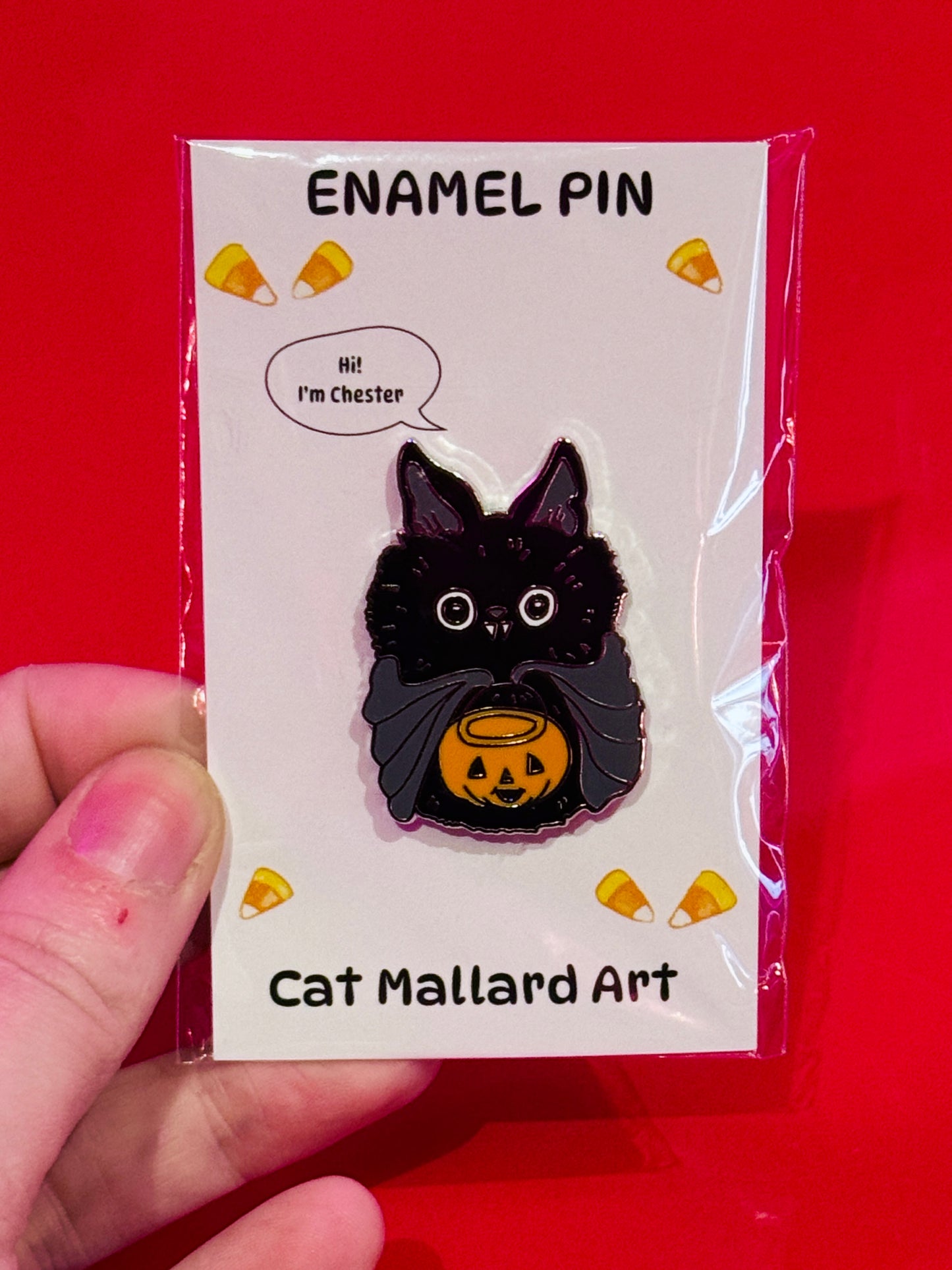 "Chester" pin by Cat Mallard Art