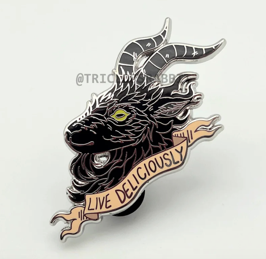 "Live Deliciously" Black Phillip Enamel Pin by Triclops Rabbit