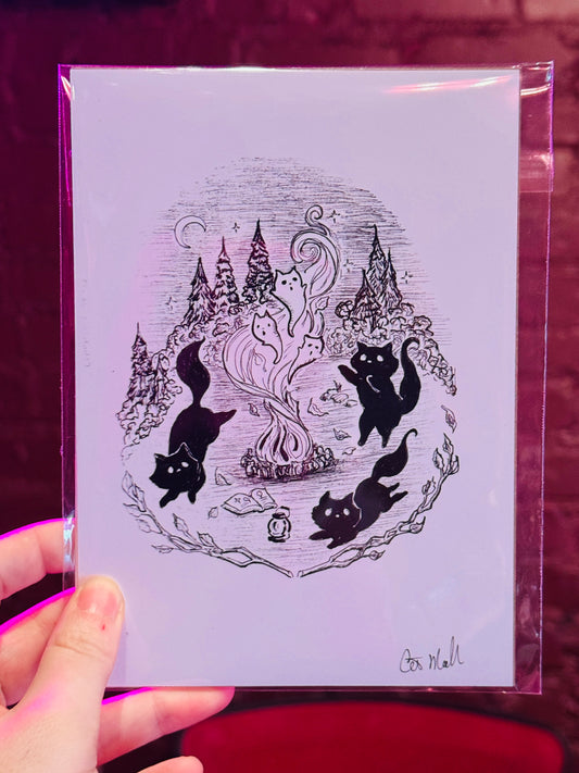 "Campfire Cats" print by Cat Mallard Art