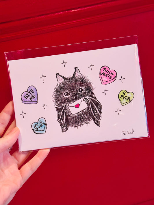 "Candy Hearts Bat" print by Cat Mallard Art